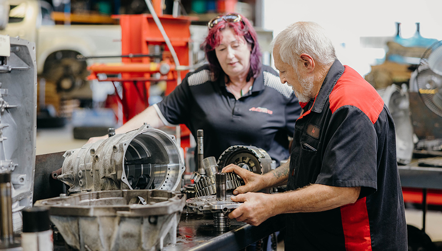 Automatics transmission being inspected by specialist mechanic in workshop